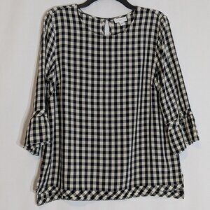 J.JILL Black/White Check Lightweight Pullover Top w 3/4 Sleeves; Size M